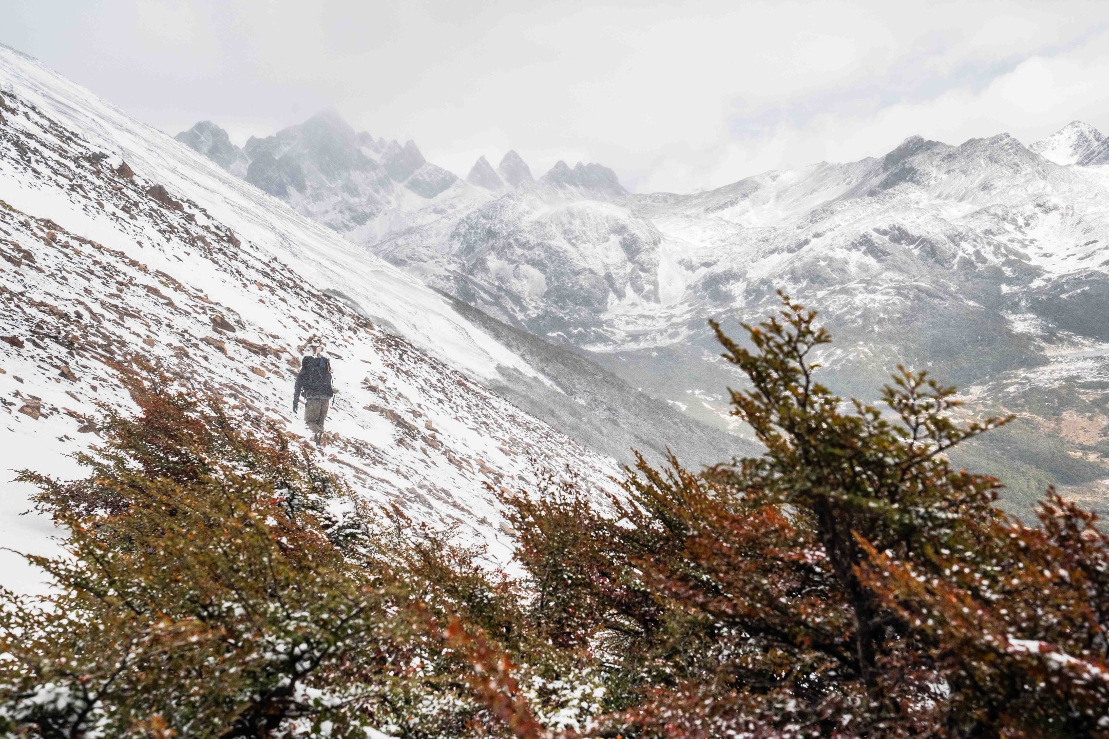 Hiker making their way along a remote trail in Patagonia, dwarfed by jagged mountain peaks and endless wilderness.